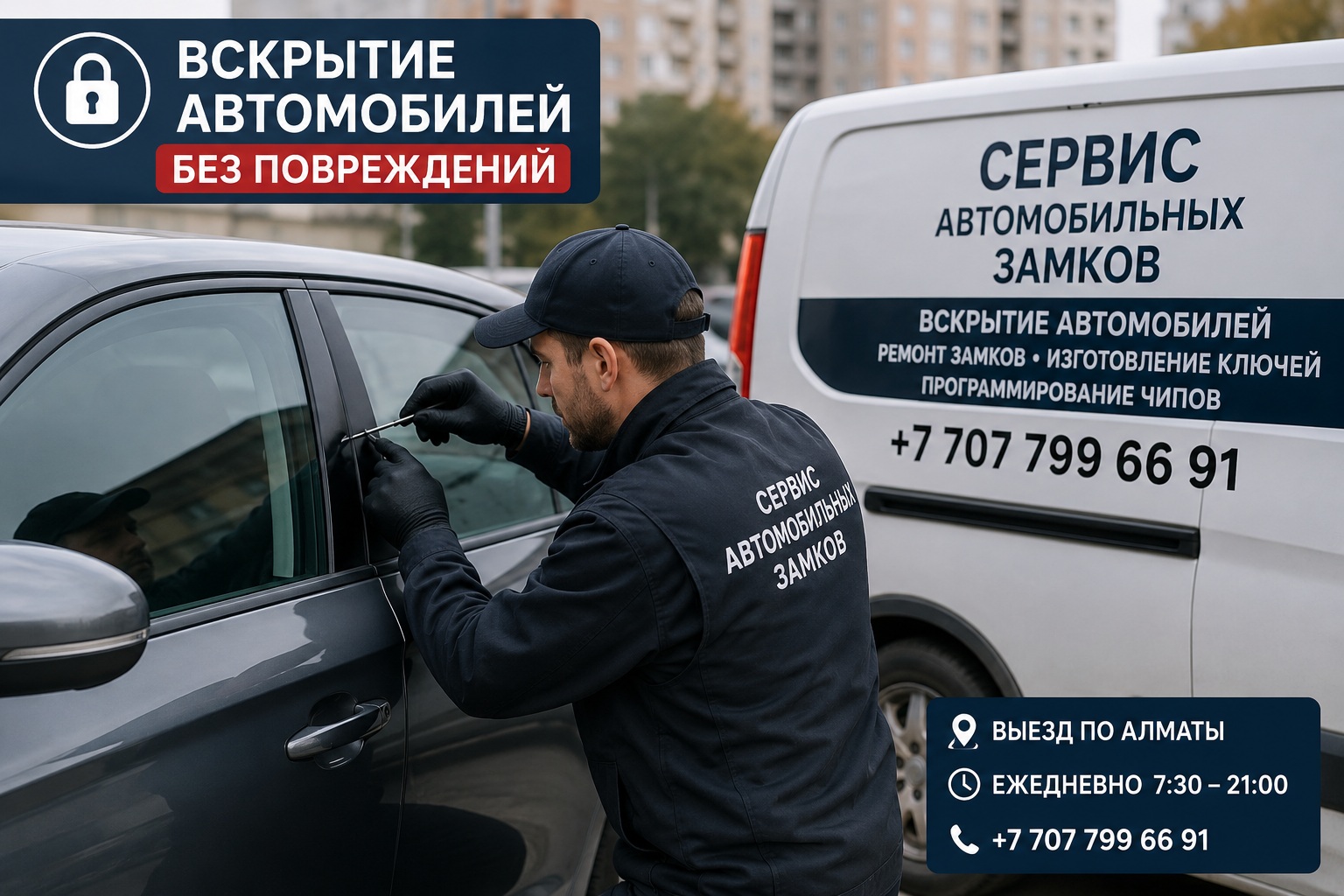 Вскрытие автомобиля без повреждений в Алматы — помощь 7:30–21:00